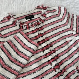 TALBOTS Women's Full Zip Jacket‎ SIZE 10 Pink White Striped Fringe Tweed PREPPY